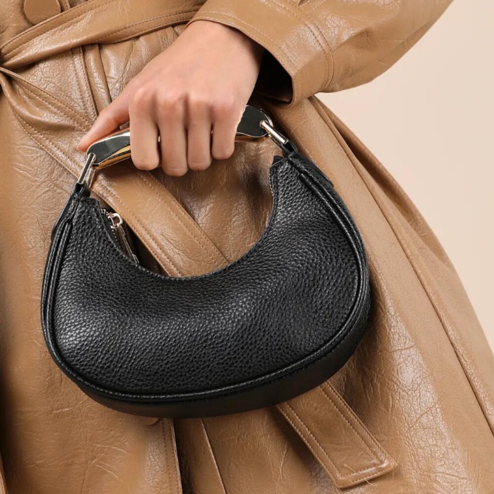 Lulus Mini Black Bag Iconic Effect Black and Gold Crescent Metal Handbag